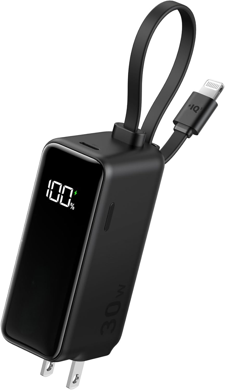 Power Bank USB C Charger Block, 3-in-1 5,000mAh Portable Charger with Built-in USB-C Cable and Foldable AC Plug, 30W Max Compact Battery Pack, for iPhone 15 Series, Galaxy, MacBook, and More