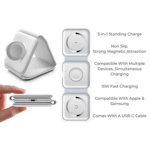 Magnetic 3-in-1 Wireless Charger 15W Foldable Charging Station for iPhone 12/12 Mini/12 Pro/Max, iWatch, AirPods 2/Pro